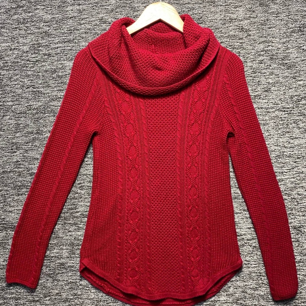 Jeanne Pierre Red Cable Knit Cowl Neck Sweater Women Small 100% Cotton Textured